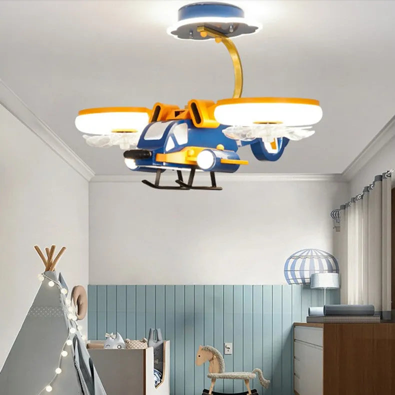 Smart Fighter Boy ceiling fan light with metal blades and acrylic lampshade, yellow and blue colour scheme for large bedrooms