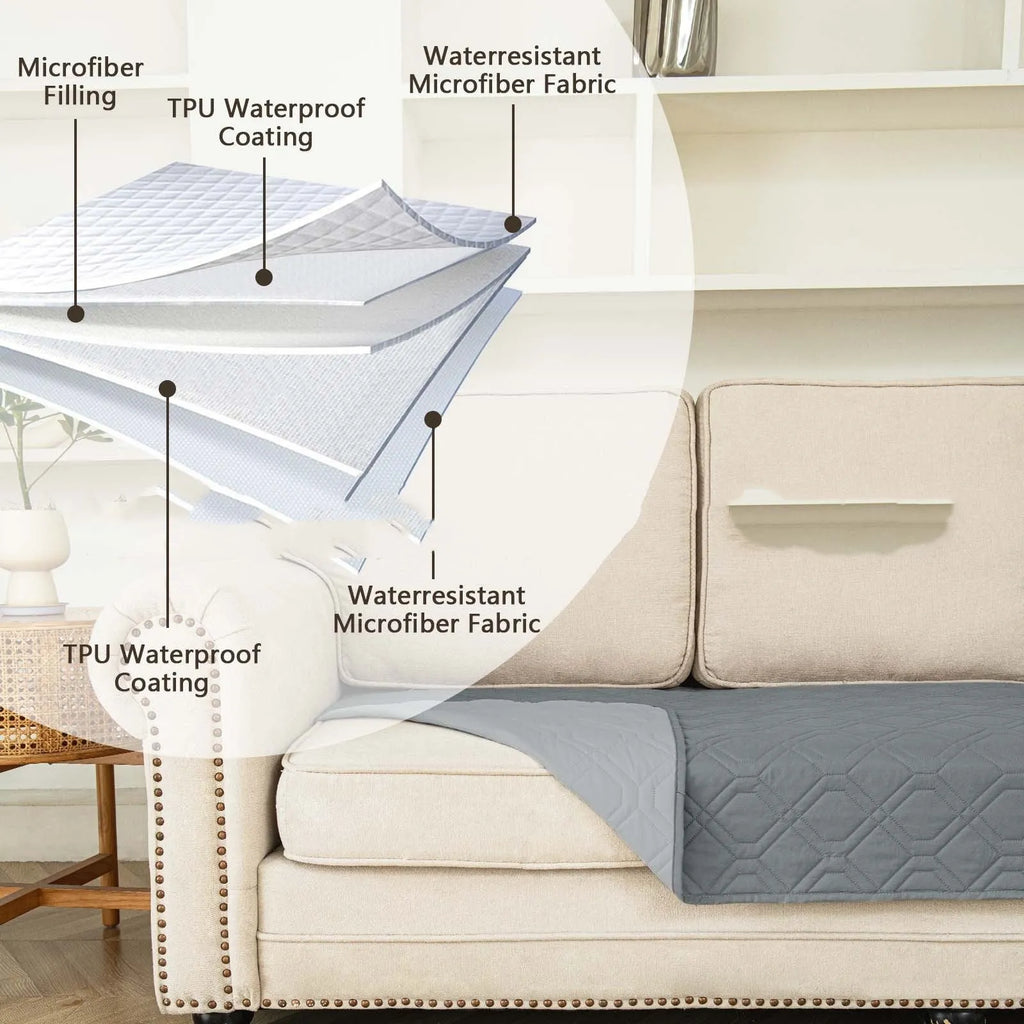Reversible waterproof dog sofa cushion shown in dark grey and khaki beige colour options