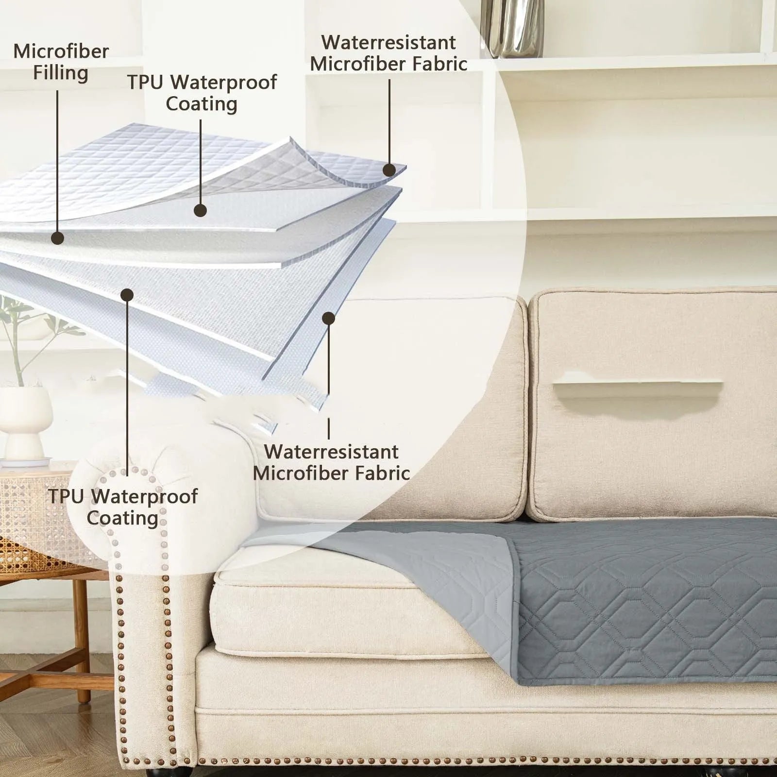 Reversible waterproof dog sofa cushion shown in dark grey and khaki beige colour options