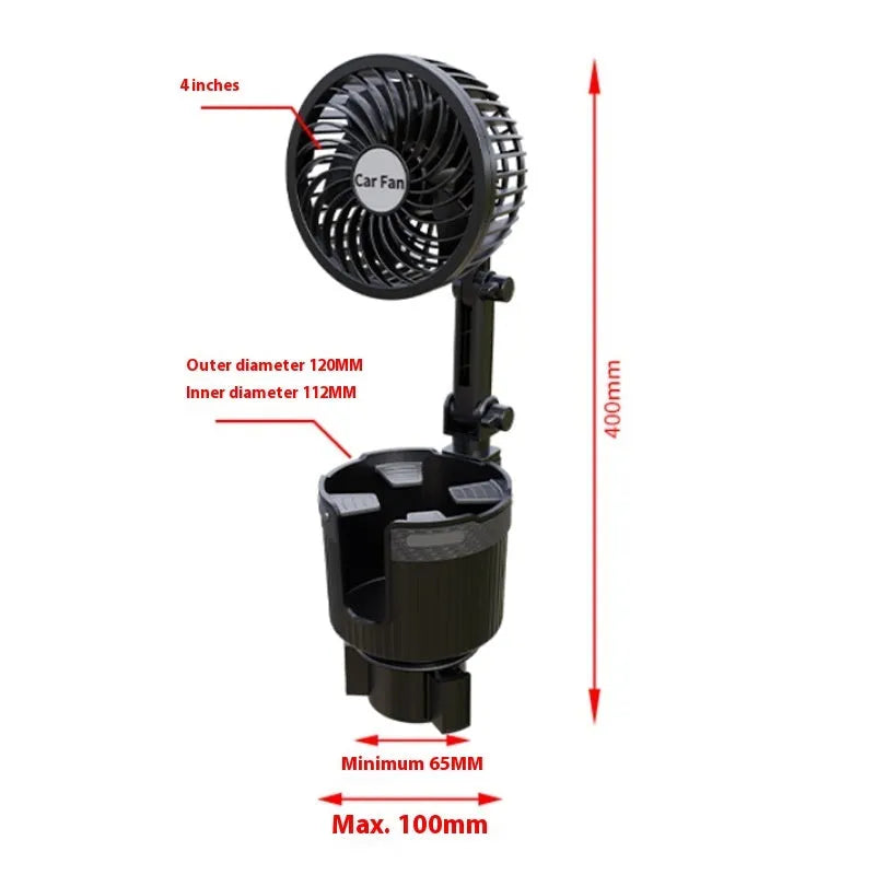 Car water cup holder fan in vehicle with 4-inch or 6-inch diameter and cigarette lighter or USB power cord
