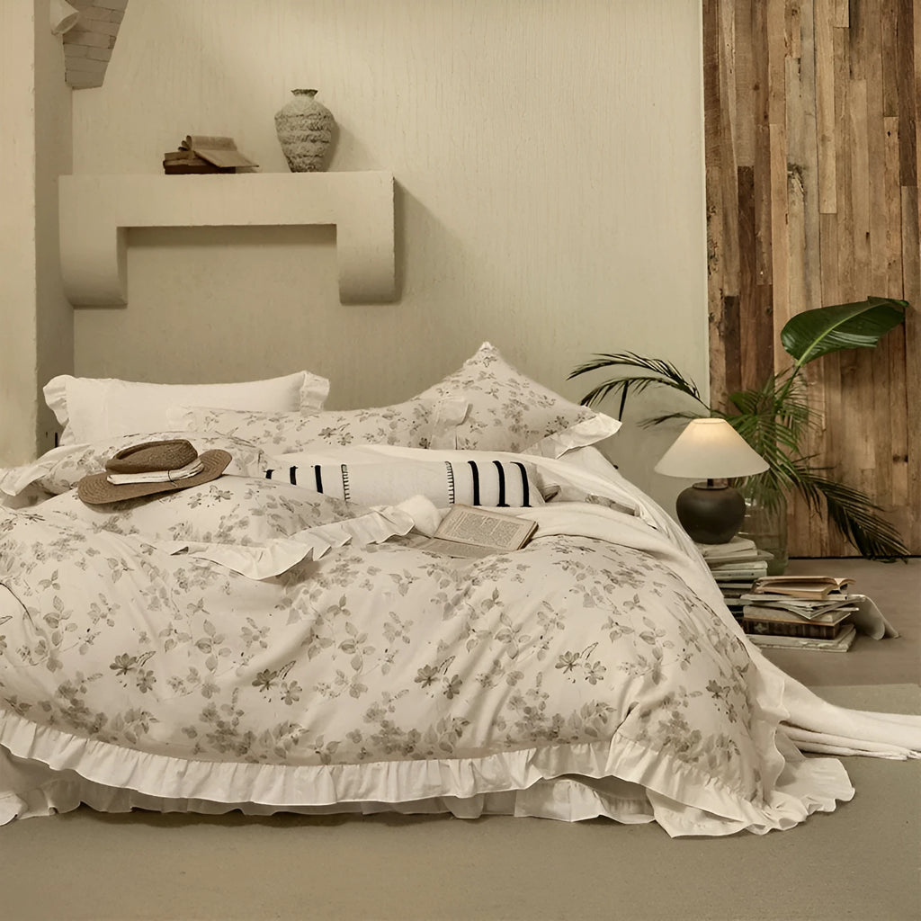 Cotton and linen yarn-dyed printed four-piece bedsheet set in raw jute colour with lace trim
