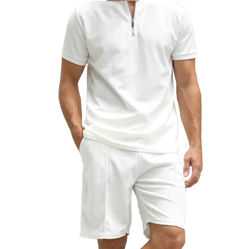 Men's solid colour two-piece polo shirt suit set with short sleeves and matching trousers