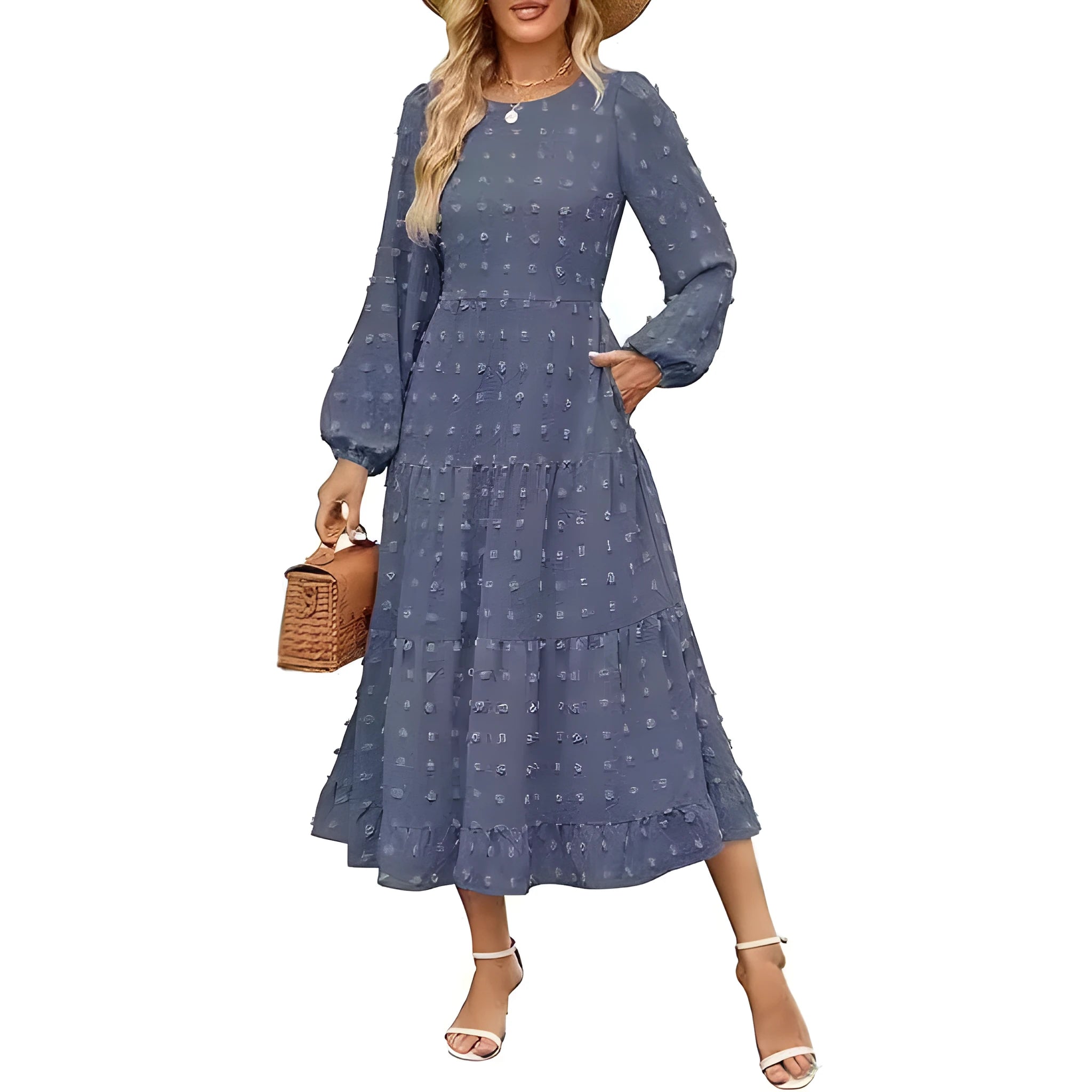 Women's high waist autumn dress with long ruffled sleeves in a solid colour