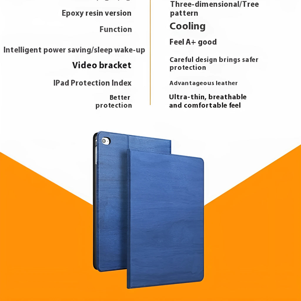 Sapphire blue imitation leather iPad protective cover with built-in bracket function shown on tablet