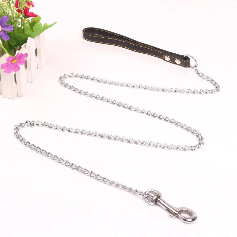 Dog traction chain with iron chain and PU handle in black, 1.2m length