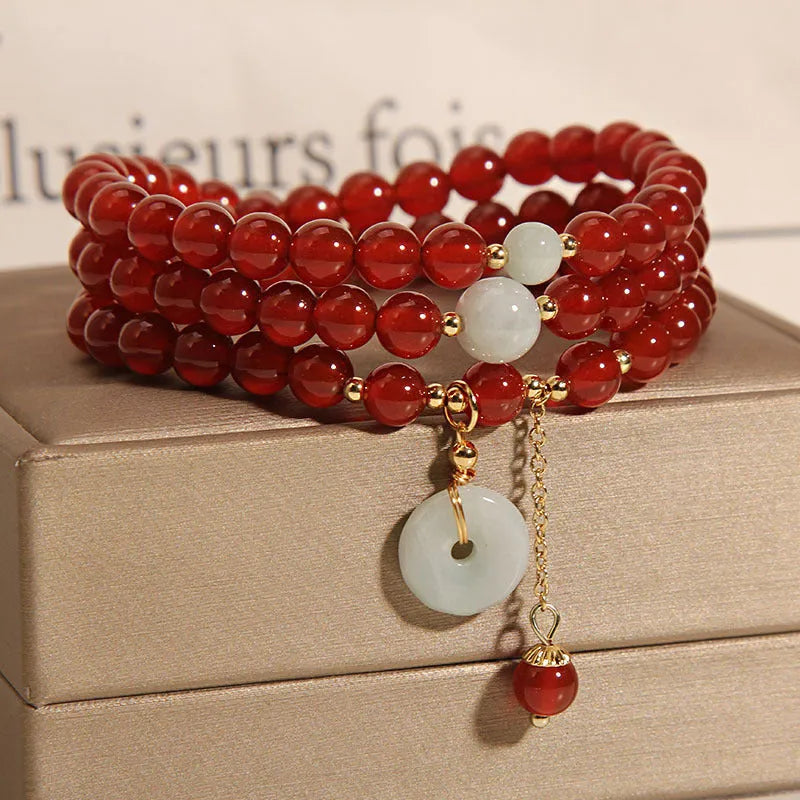 Red agate multi-layer women's bracelet with crystal construction and retro ethnic styling