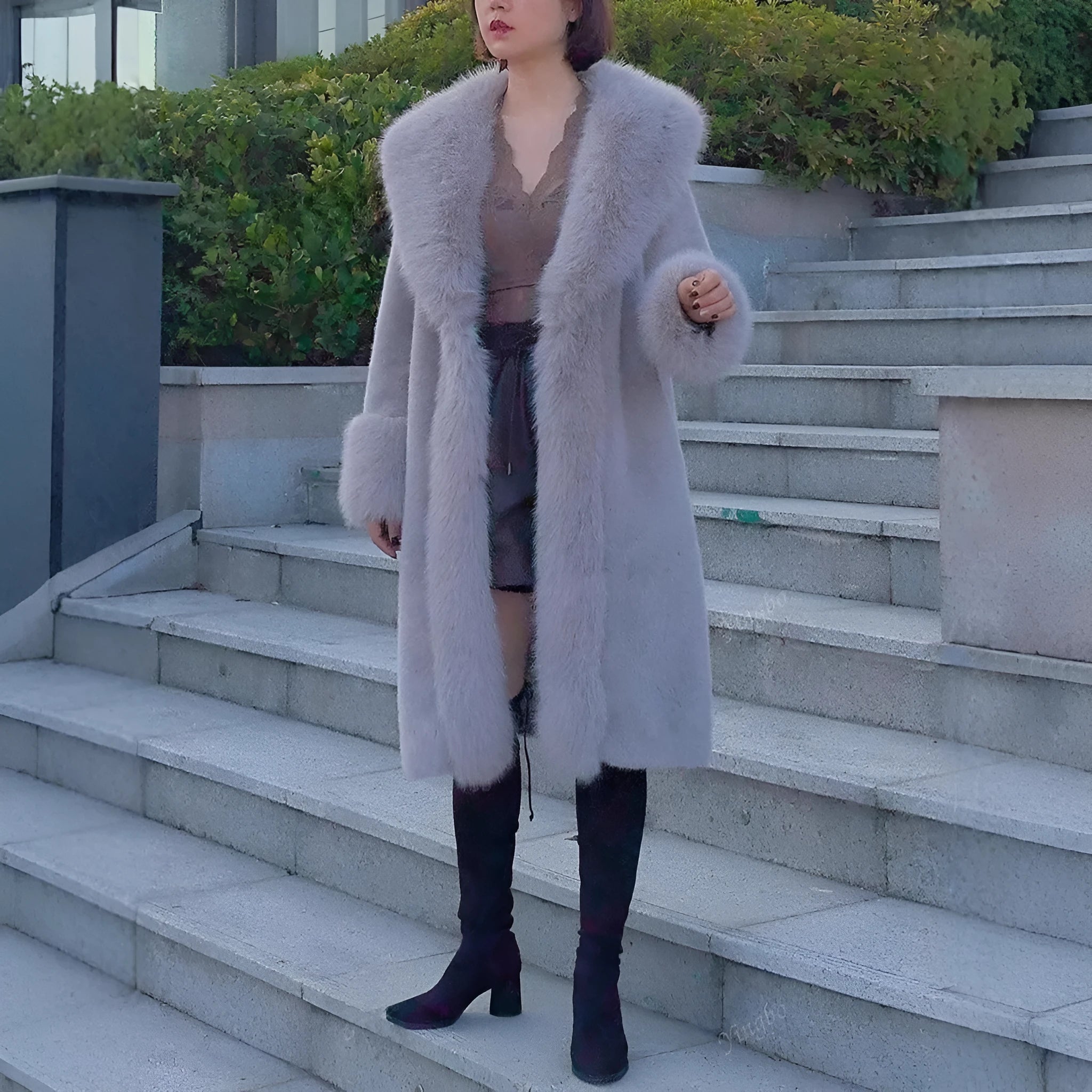 Women's grey faux rabbit fur mid-length coat with artificial fur collar and leather trim.
