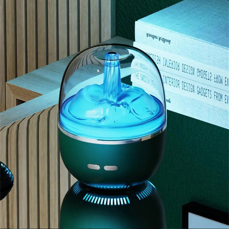 Green ultrasonic humidifier with colourful gradient light on desk showing heavy mist output