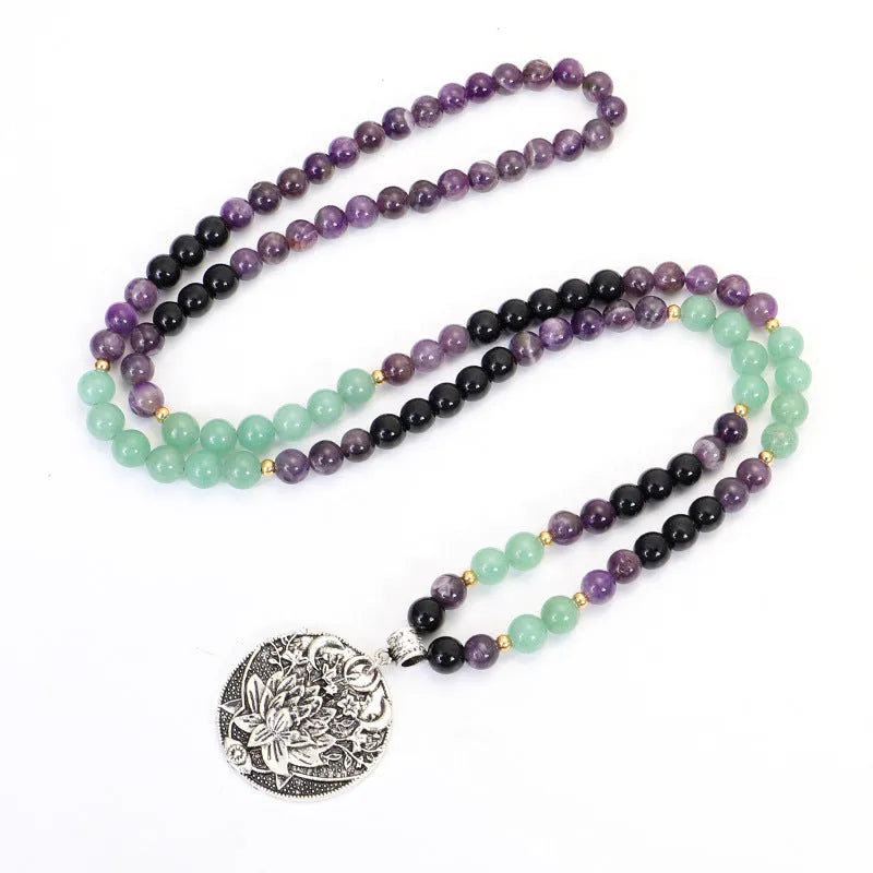 Yoga lotus pendant necklace and bracelet set with handmade stone beads on alloy chain