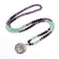Yoga lotus pendant necklace and bracelet set with handmade stone beads on alloy chain