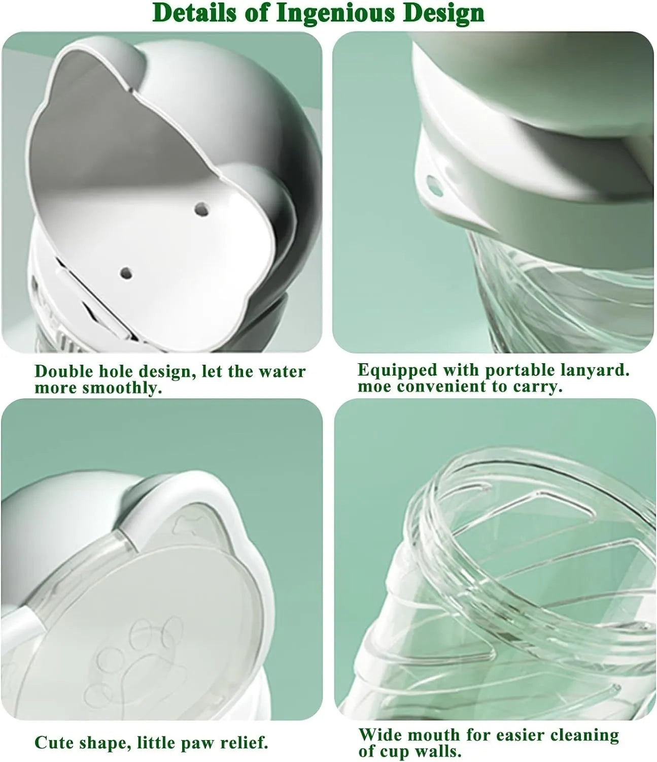 Green 3-in-1 portable pet water bottle with food container and waste bag dispenser held by hand strap