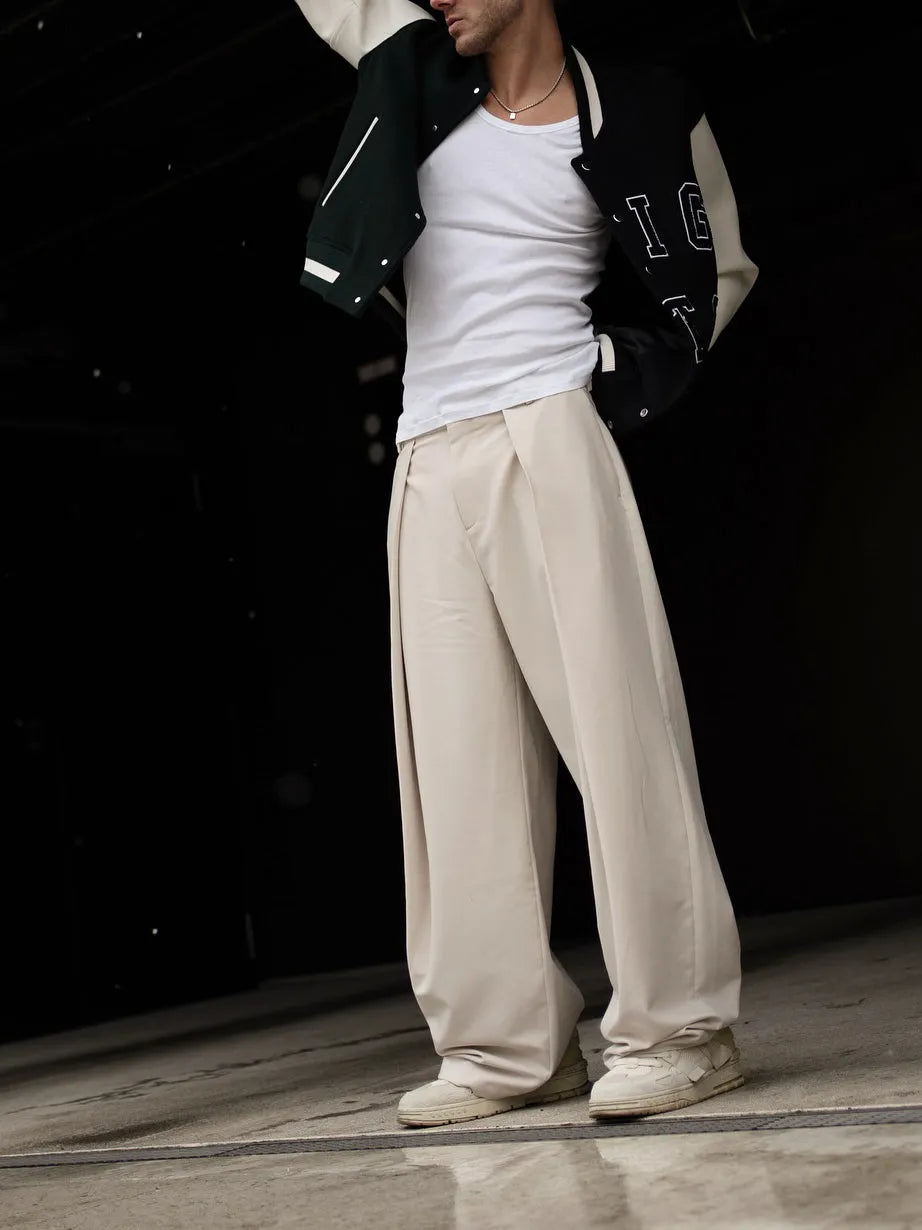 High-waisted pleated casual pants for women, beige, regular fit, full-length polyester trousers