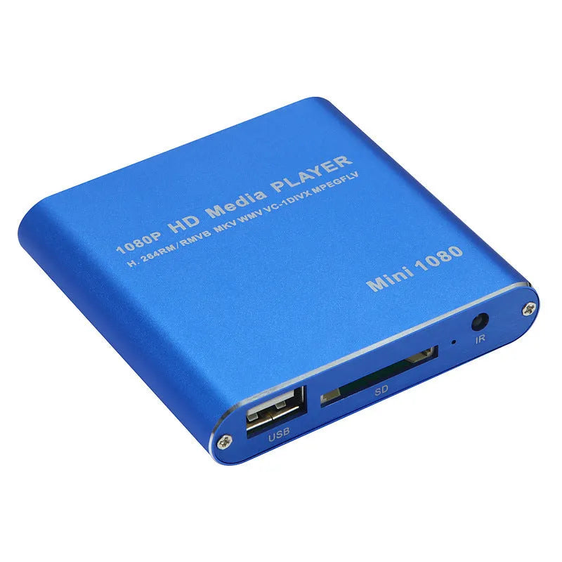 1080P Full HD media player in black or blue with HDMI port, SD card slot, and USB inputs