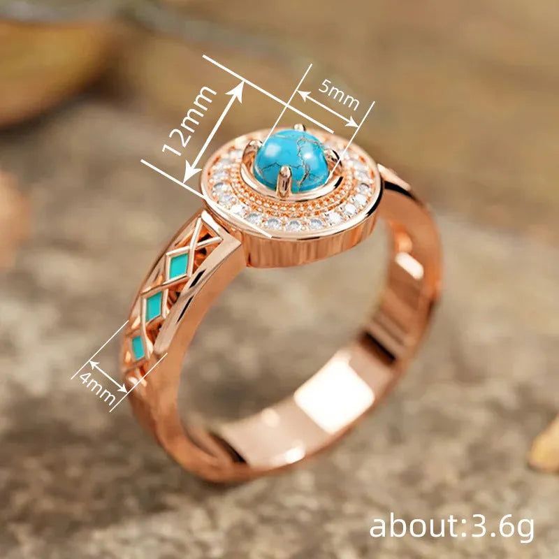 Women's turquoise geometric copper ring with inlaid zircon stones in rose gold finish