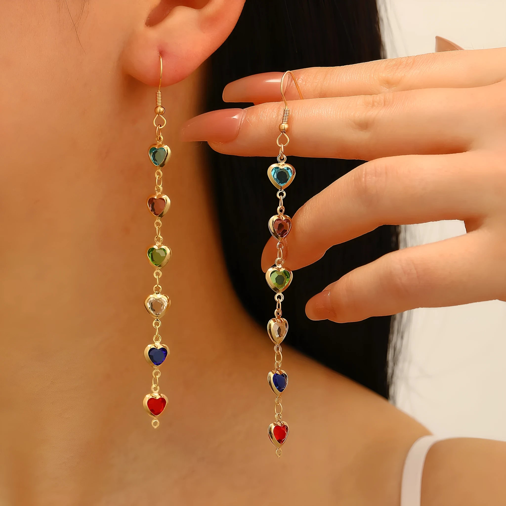 Women's colorful water drop tassel earrings with electroplated KC gold finish on copper