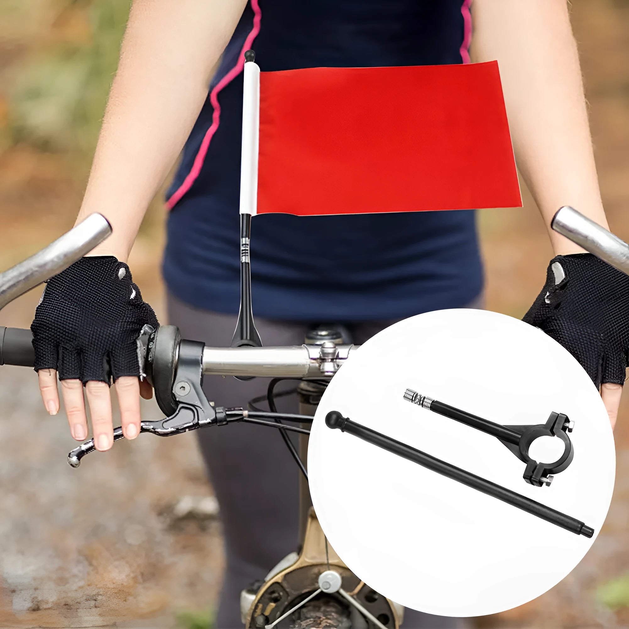 A square polyester cycling flag on a plastic pole, mounted on bicycle handlebars.