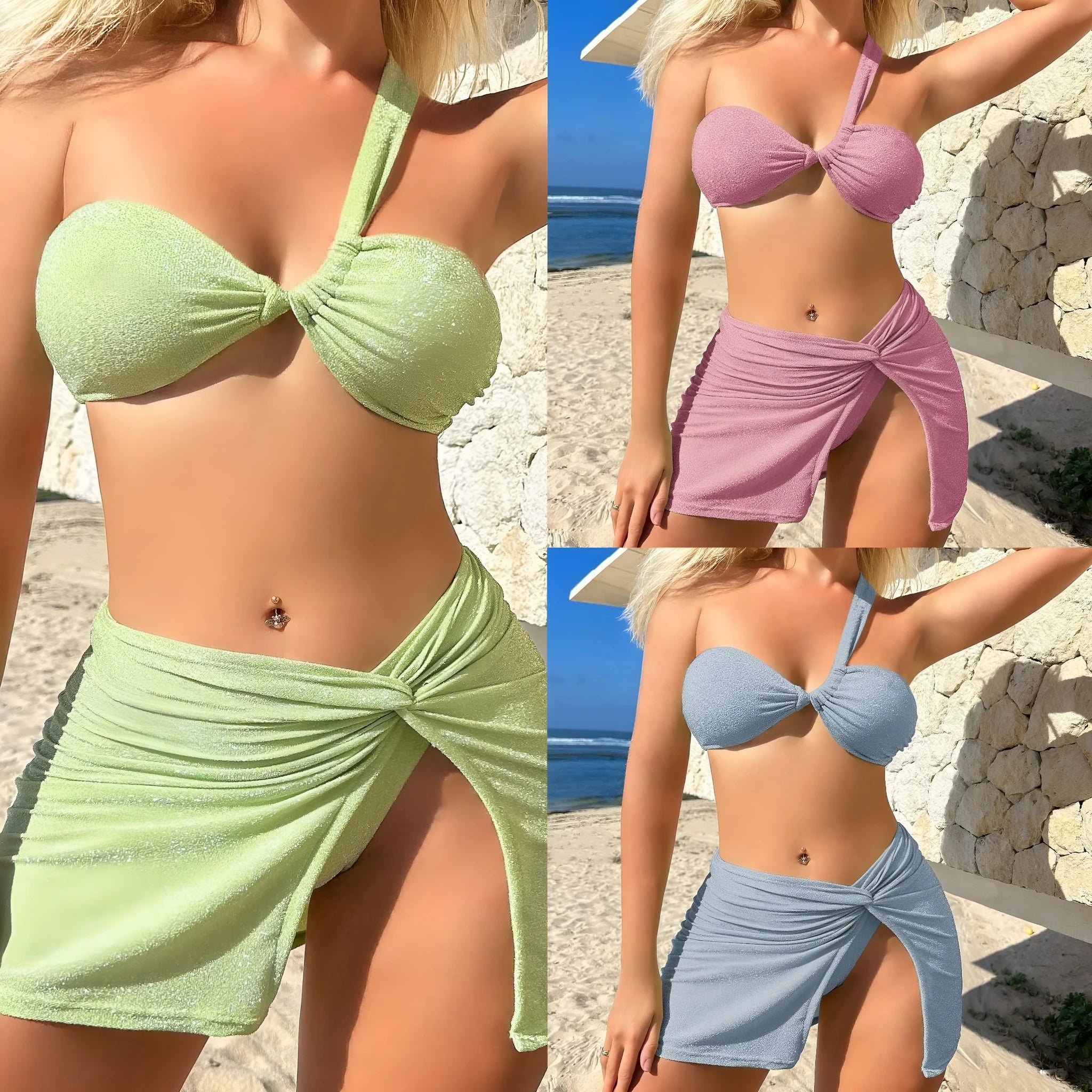 Women's light green one-shoulder tube top swimsuit three-piece set with matching skirt.