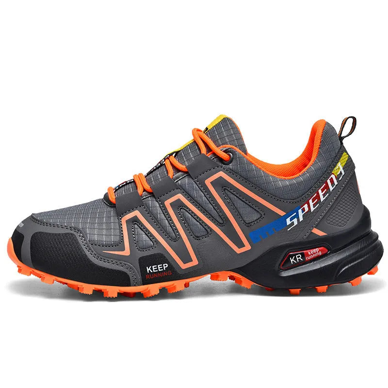 Men's grey orange synthetic leather low-top casual shoes with non-slip rubber sole.