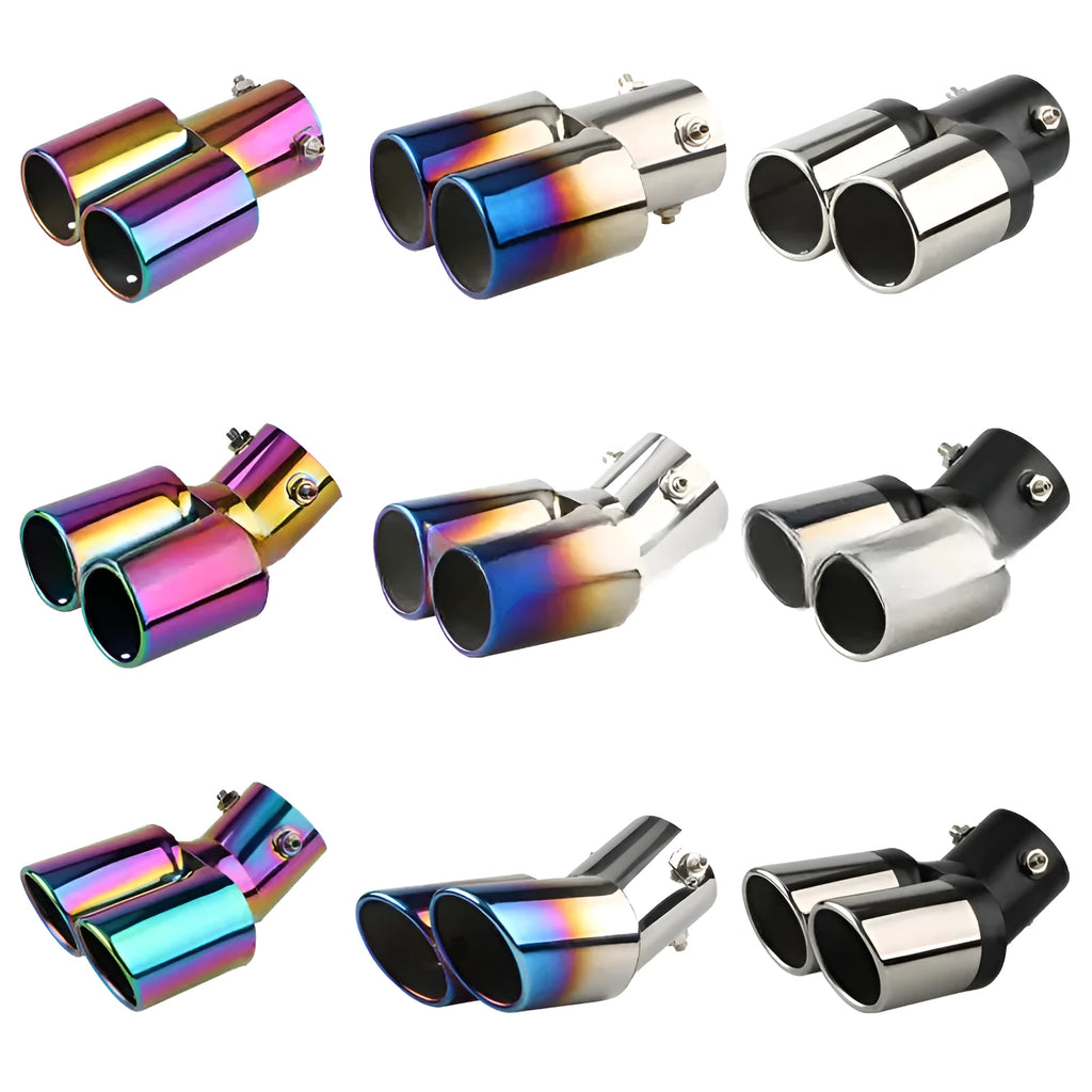Stainless steel universal car exhaust tail pipe showing different finish options including silver black and baked blue