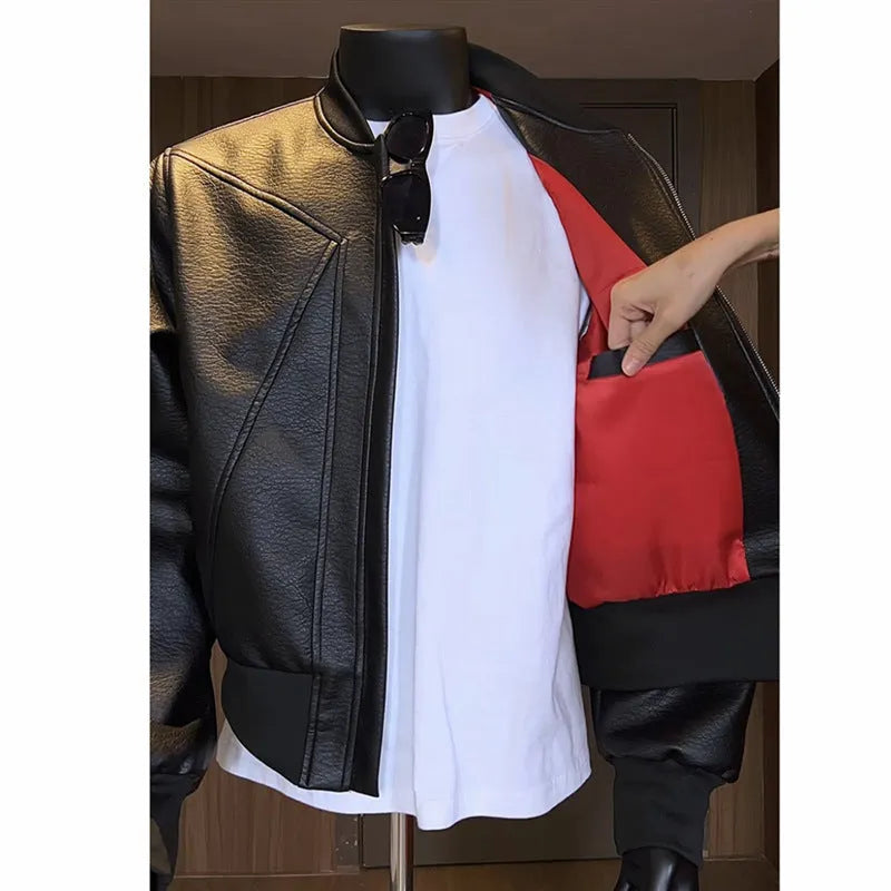Men's black PU litchi leather jacket with extended 100cm length and tight business fit