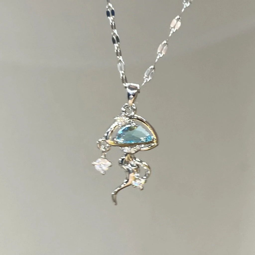 S925 sterling silver blue jellyfish necklace with white gold colour finish on adjustable chain