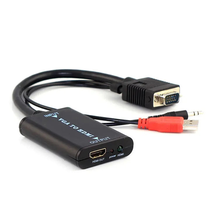Black VGA to HDMI converter with USB power cable and 3.5mm audio input port