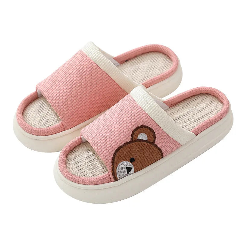 Cartoon bear cotton linen indoor slippers with PVC non-slip sole, shown in orange, pink, silver grey, and light brown