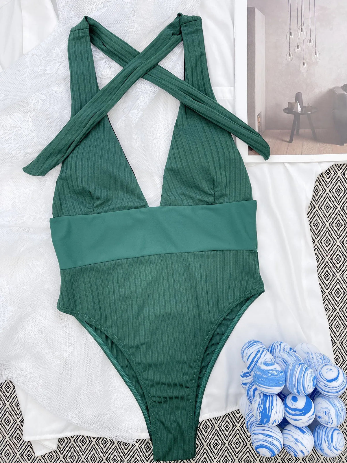 Army green one-piece swimsuit with patchwork bikini style, nylon fabric and lining, sizes S M L