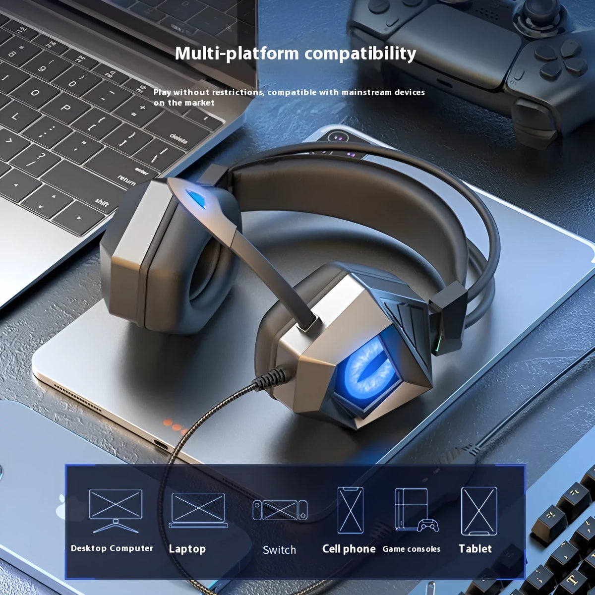 Wired gaming headset with LED night light, 3.5mm plug, 40mm horn, and 2m braided cable in black and blue