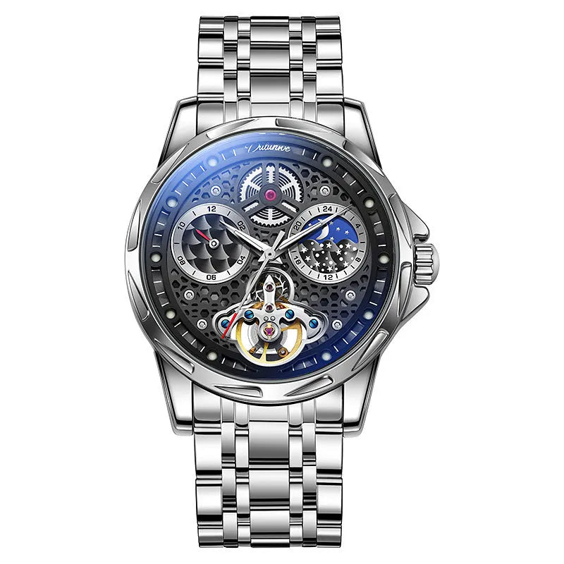 Men's business watch with luminous hands showing black dial and steel bracelet option