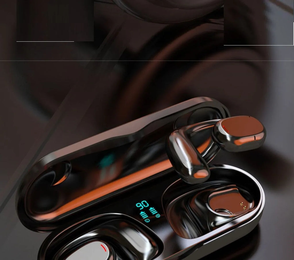 Black and white wireless Bluetooth earpluds with NFC charging case showing bilateral stereo design