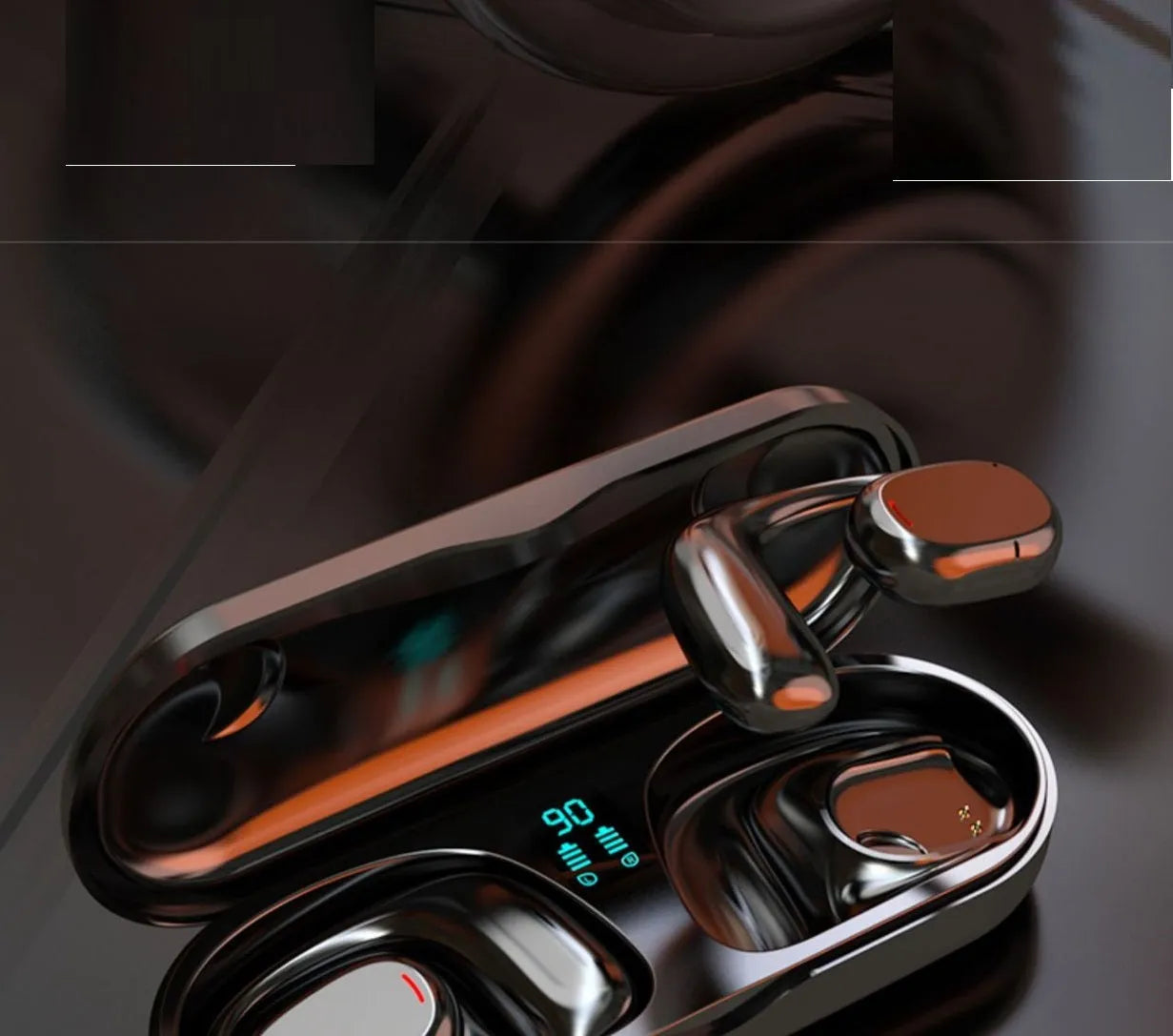 Black and white wireless Bluetooth earpluds with NFC charging case showing bilateral stereo design