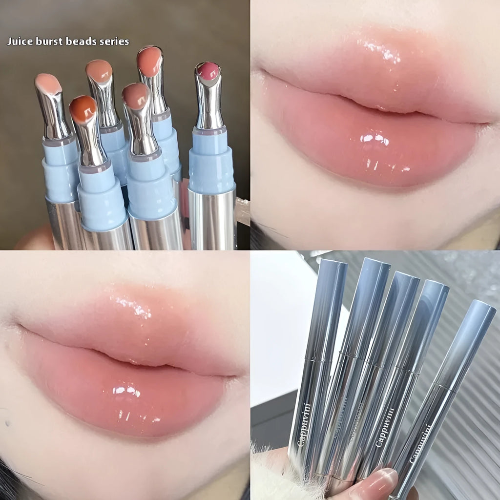 Mirror water light lip gloss lipstick in six semi-transparent ice cream colours showing 12.9 cm case