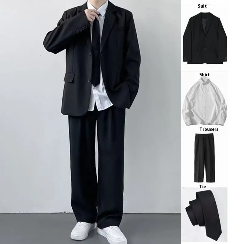 Plus size men's college style suit jacket and trousers set with white shirt and tie on hanger