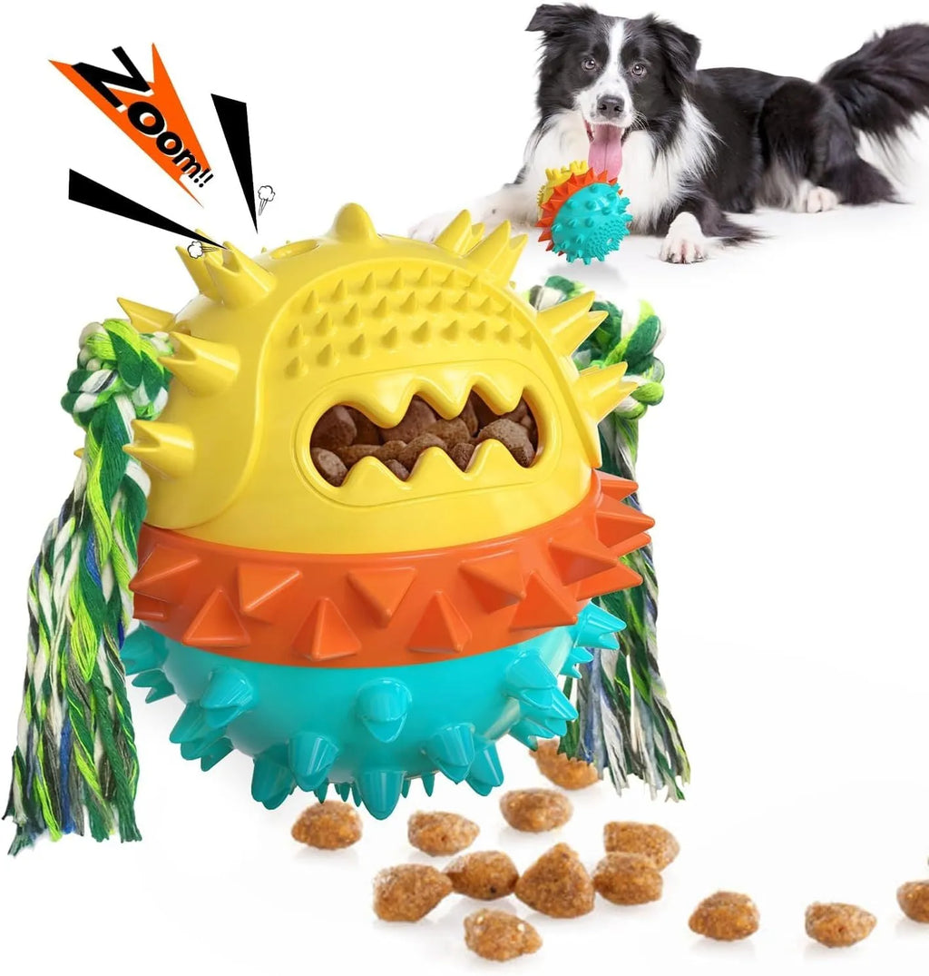 Blue and red TPR rubber squeaky dog ball with treat hole and dental bumps.