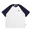 Men's blue casual Japanese-style T-shirt with raglan sleeves on a hanger