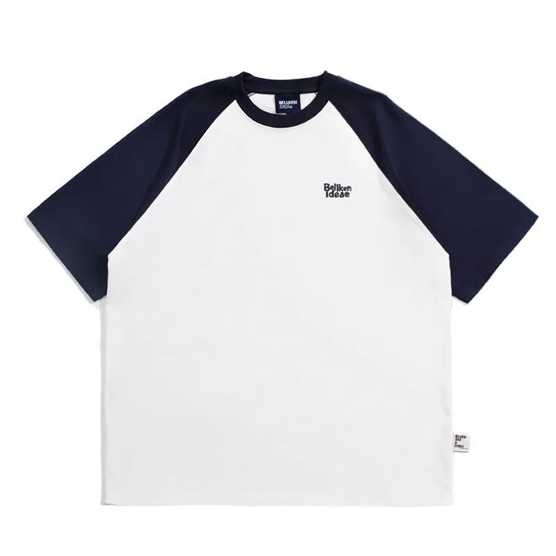 Men's blue casual Japanese-style T-shirt with raglan sleeves on a hanger