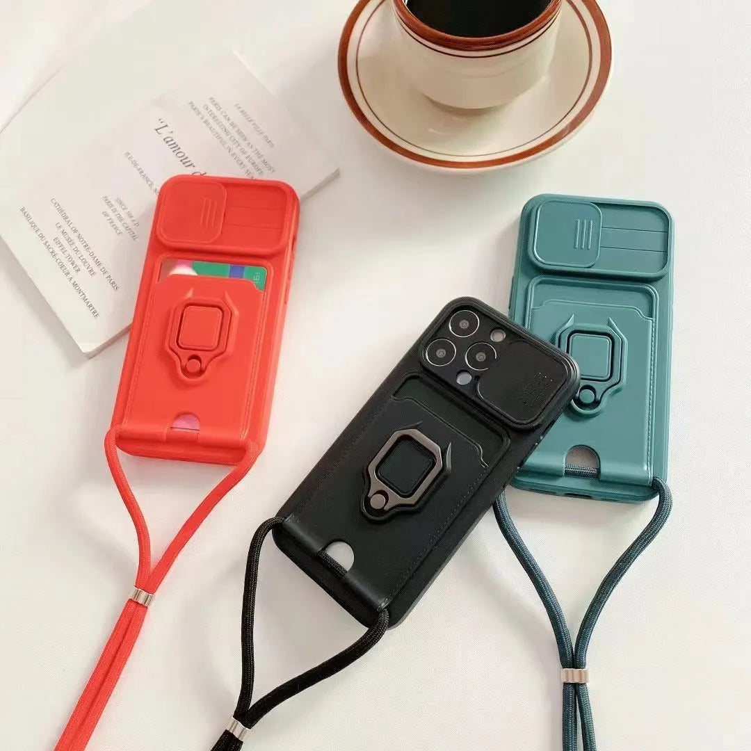 Push window card ring bracket diagonal strap lanyard phone case for iPhone in black, red, pink, green, purple, blue TPU material