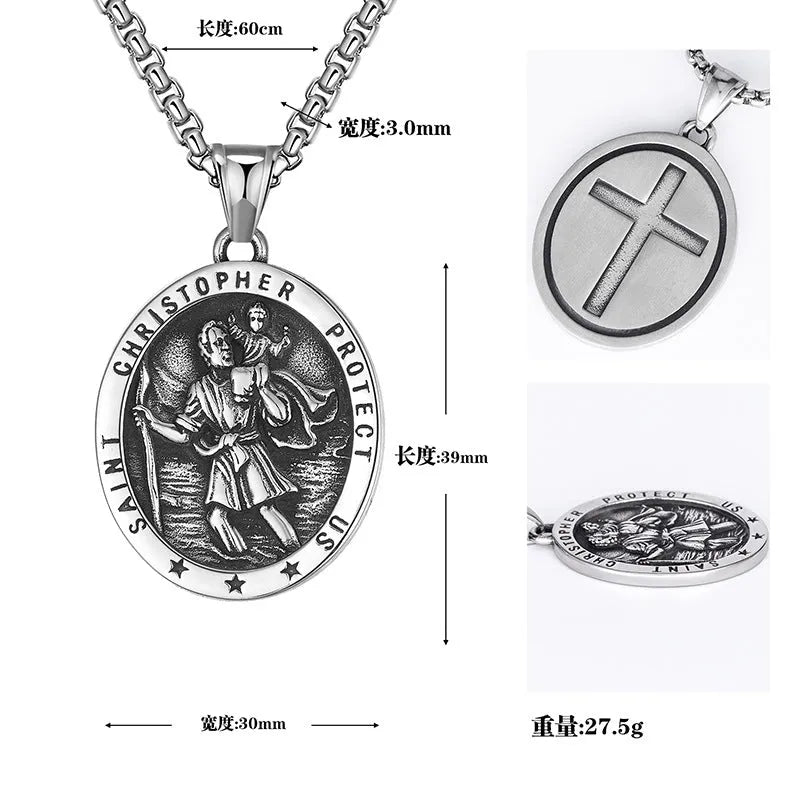 St Christopher titanium steel pendant necklace with 60cm steel colour chain, geometric unisex design