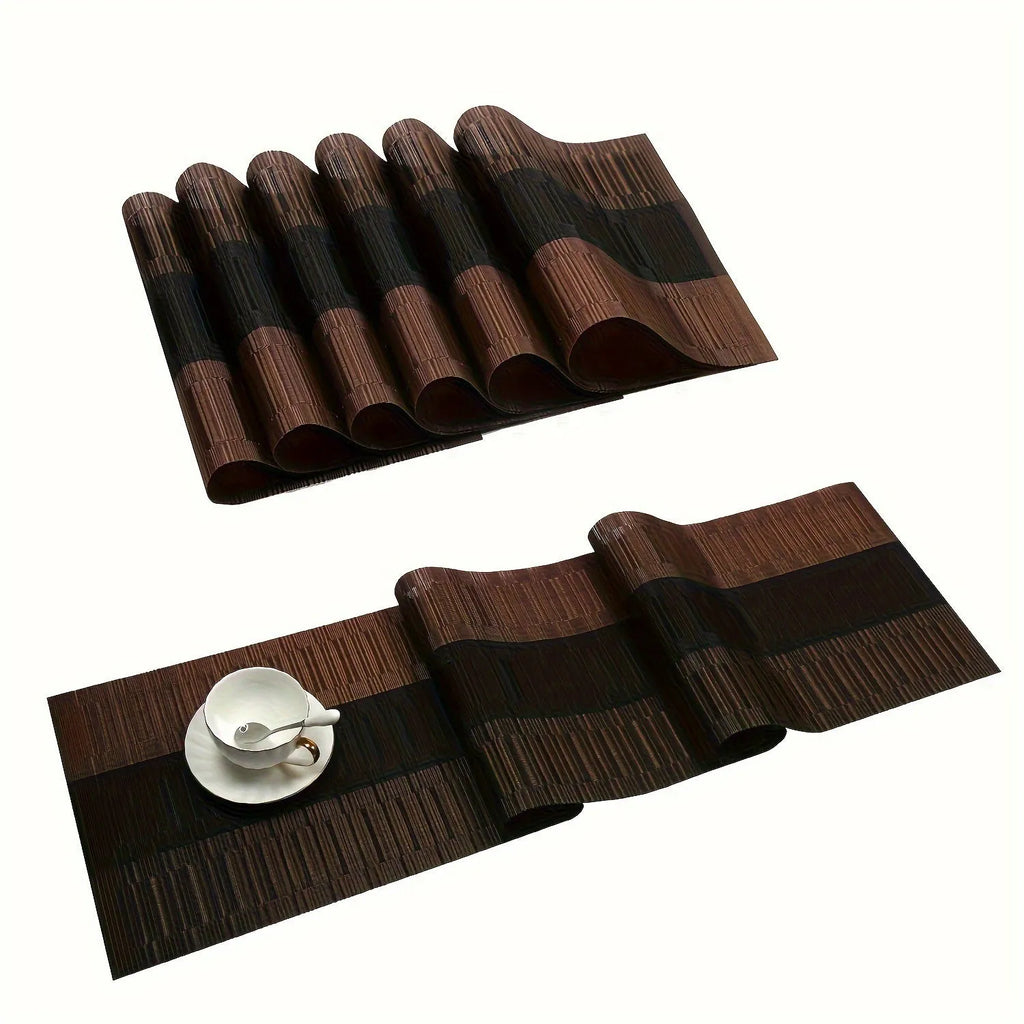 Non-slip PVC dish mat in gradient bamboo pattern protecting a kitchen countertop.