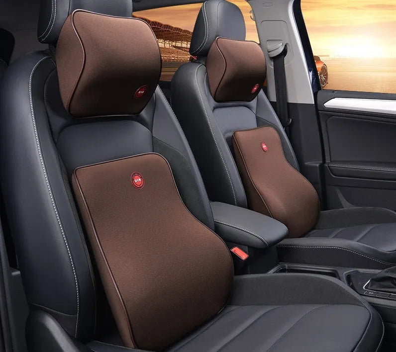 Car headrest and lumbar support pillow set in black, grey, coffee, or red, with polyester cover and bamboo charcoal memory foam filling, 0.9kg.