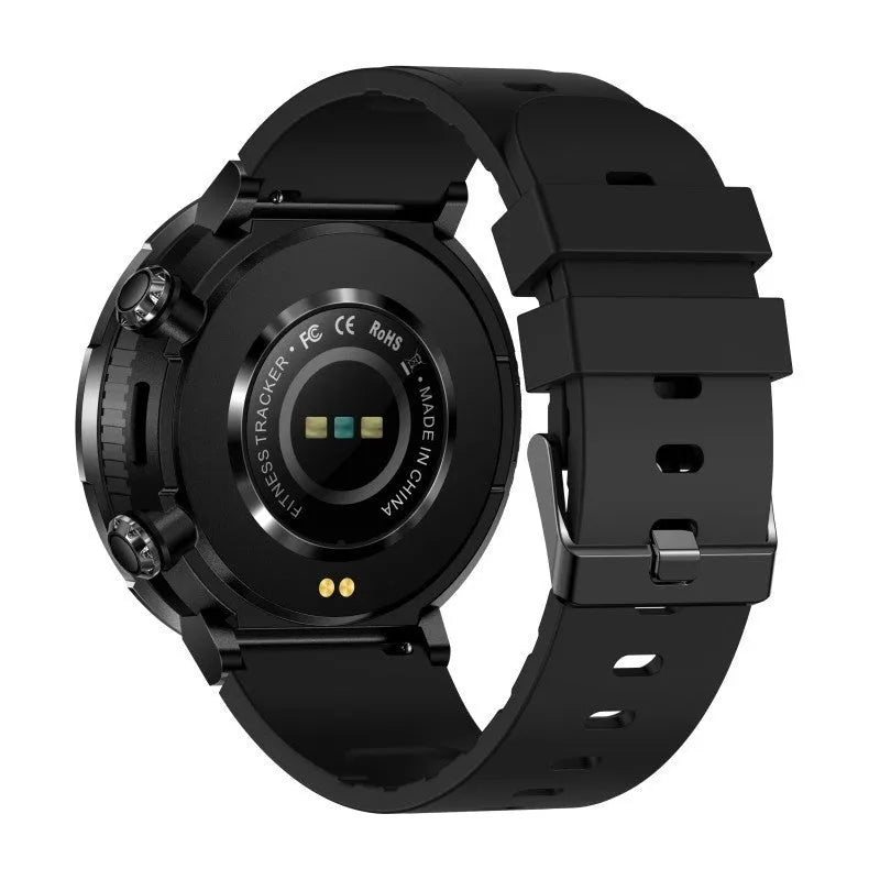 T30 smart watch with black silicone strap showing IPS touch screen displaying heart rate data