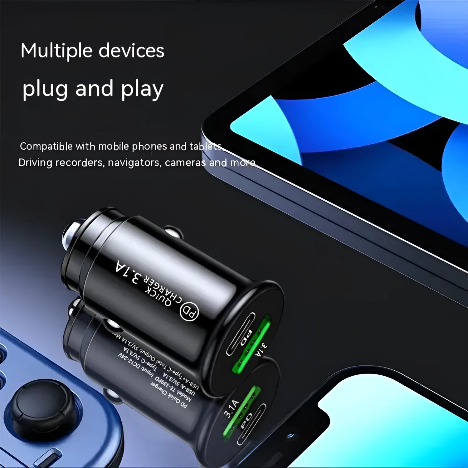 Black and white dual USB car charger for 12V 24V vehicle cigarette lighter sockets