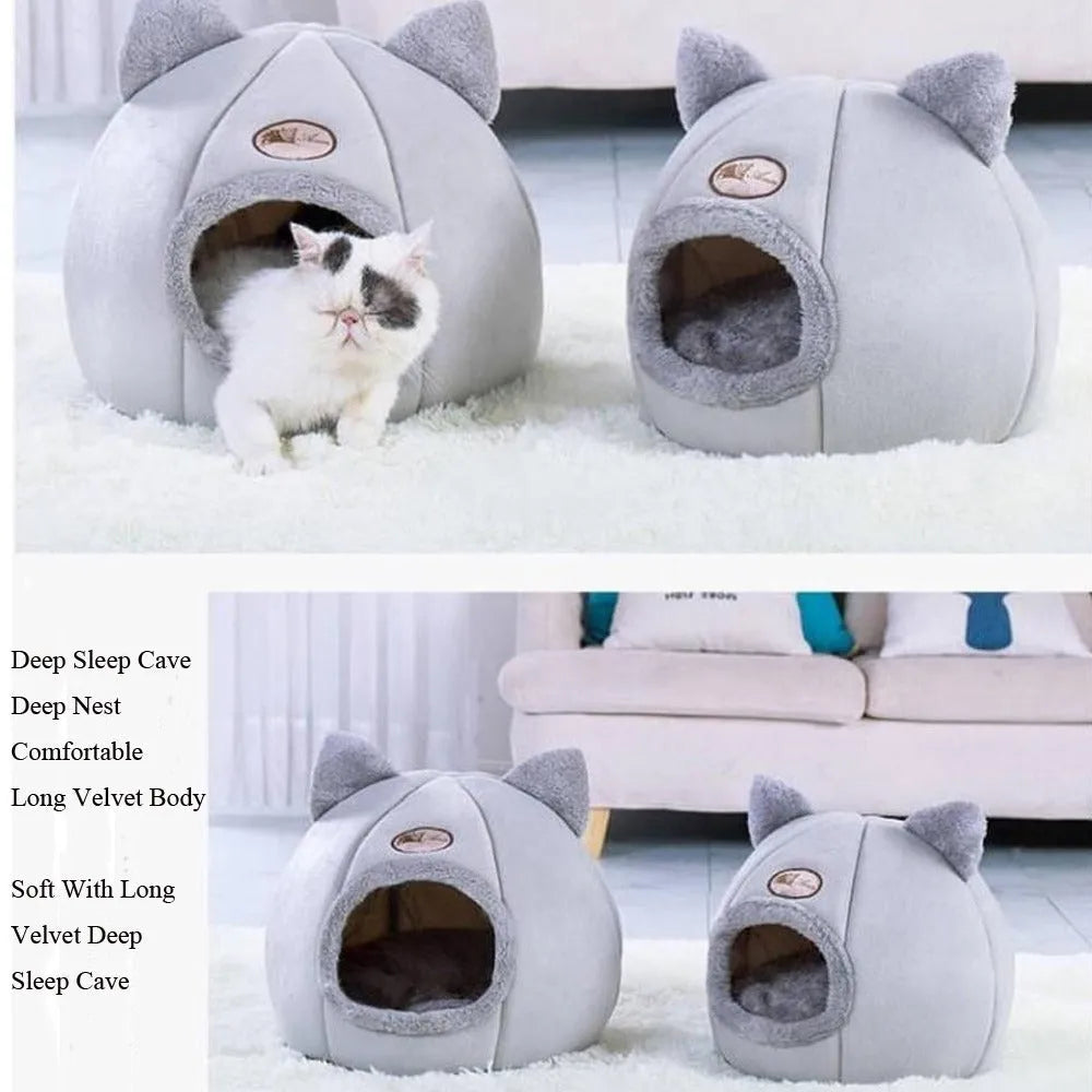 Fully enclosed winter cat nest sofa bed in plush fabric, size available up to 40cm