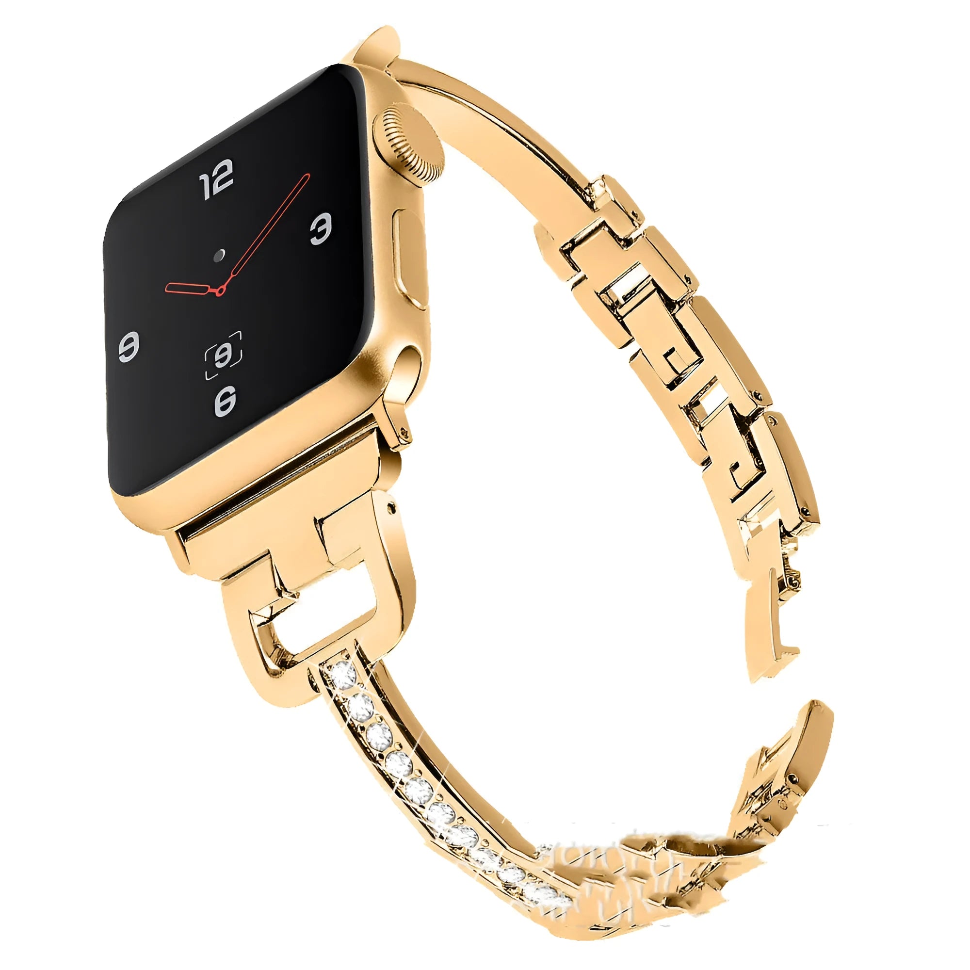 Apple Watch compatible smart watch with metal diamond-pattern strap in silver colour