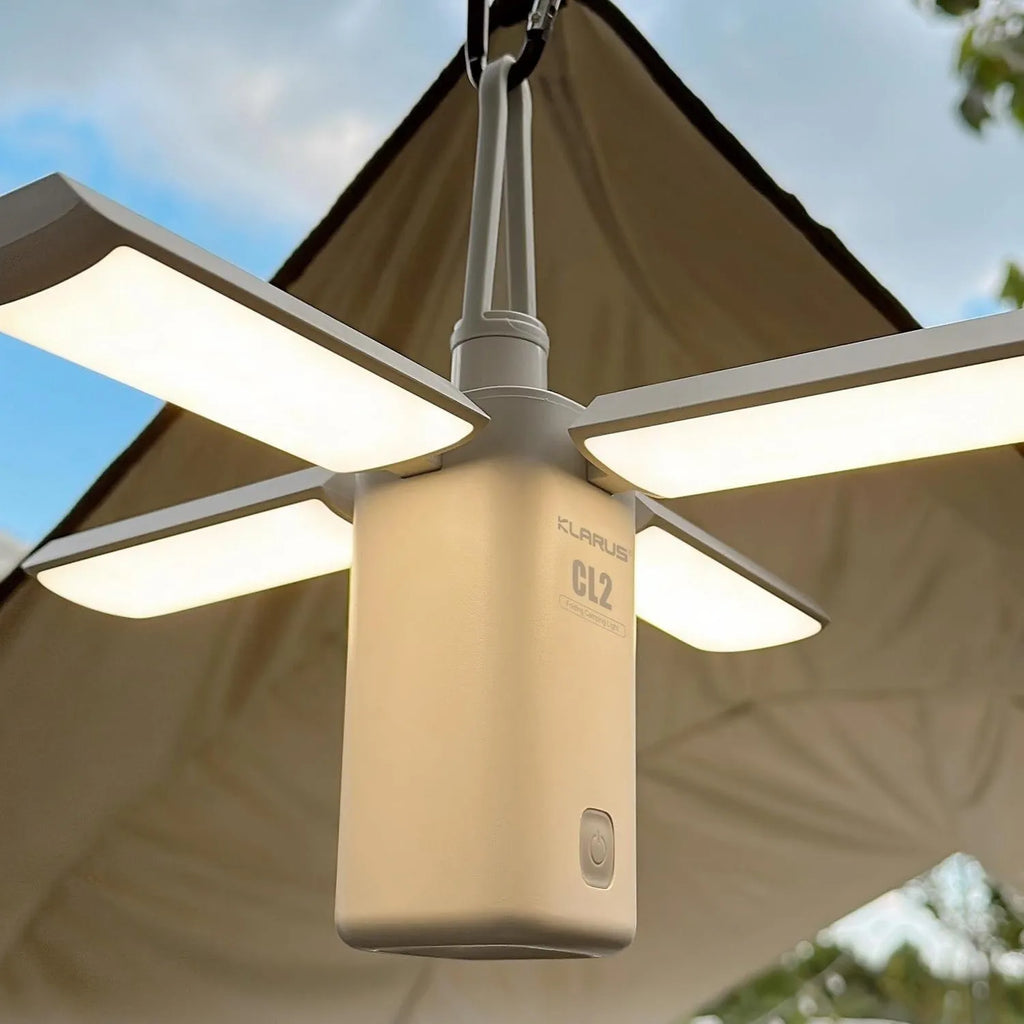 White and green rechargeable LED campsite lantern with USB charging cable