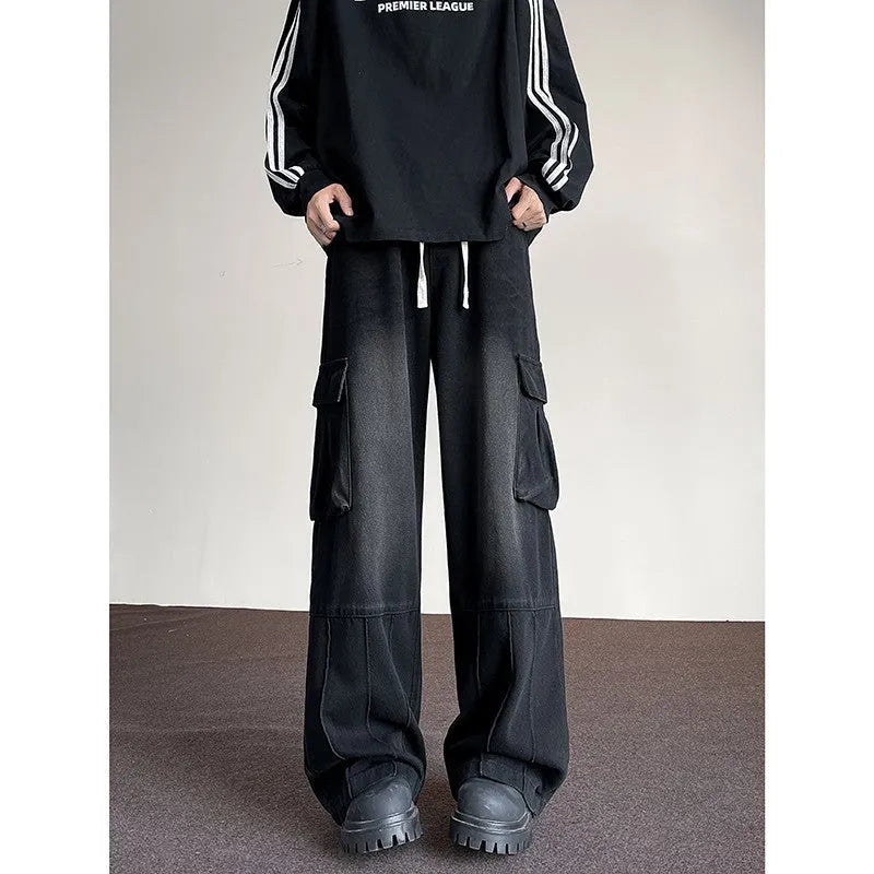 Washed vintage denim men's casual wide-leg pants with drawstring waist and multiple pockets, blue colour, front view