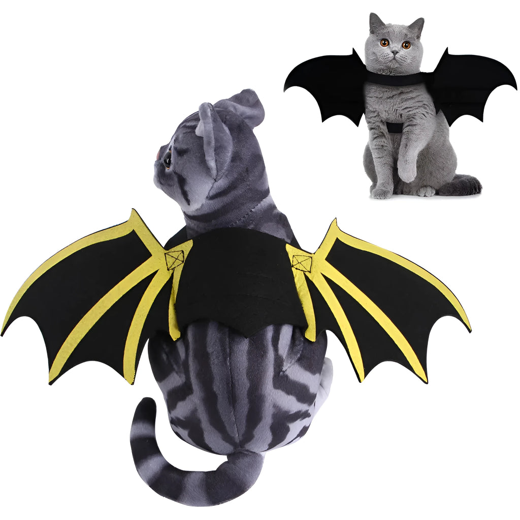 Cloth dog or cat costume with printed bat wings and optional bell, available in sizes S, M, and L.