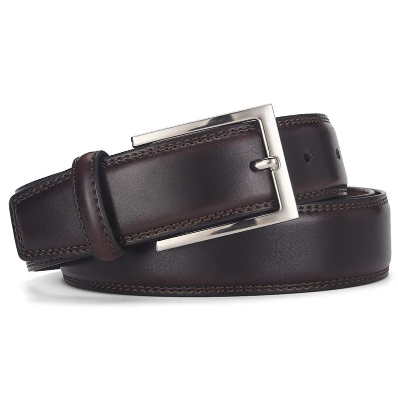 Men's leather belt with alloy pin buckle in genuine cowhide showing classic black colour option