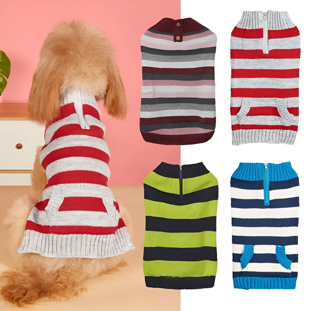 Blue acrylic dog jumper with a front zipper and button pocket for a small dog.